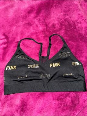 PINK Victoria's Secret Black Sports Bralette with Gold Logo Print